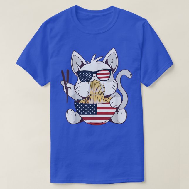 Cats Ramen Anime American Flag 4th Of July  T-Shirt (Design Front)