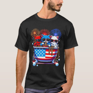Cats Ramen In Bathtub Anime American Flag USA 4th T-Shirt