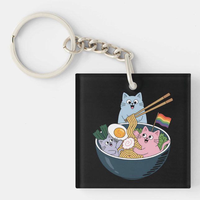 Cats Ramen Rainbow LGBTQ Gay Lesbian Pride Ally Keychain (Front)