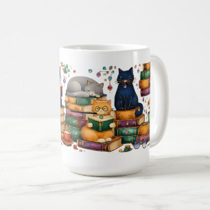 Cats Reading Books Cozy Library Scene Coffee Mug