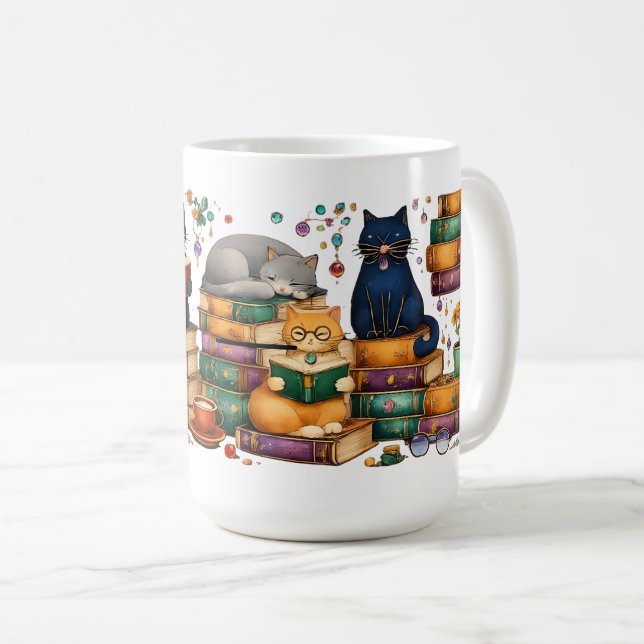 Cats Reading Books Cozy Library Scene Coffee Mug (Front Right)
