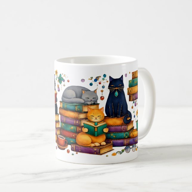 Cats Reading Books Cozy Library Scene Coffee Mug (Front Right)