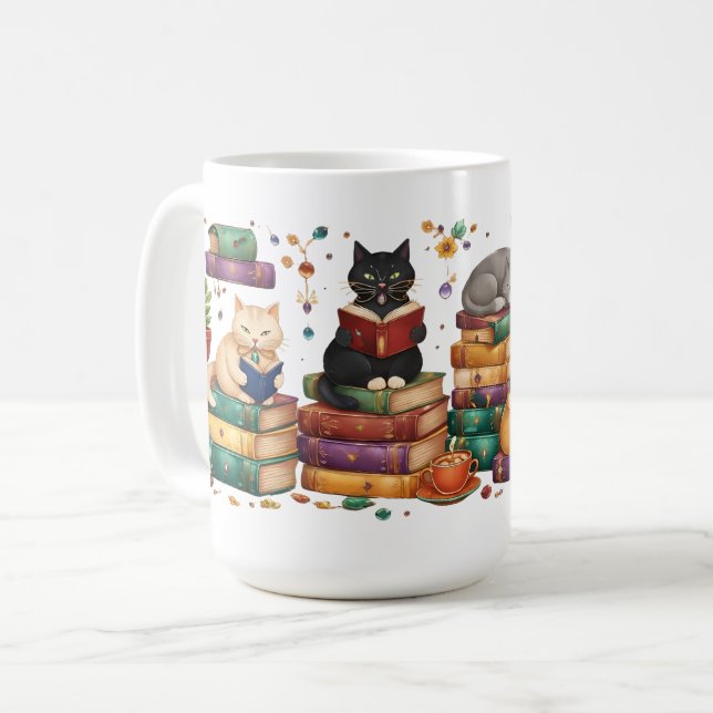 Cats Reading Books Cozy Library Scene Coffee Mug (Front Left)