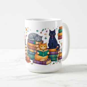 Cats Reading Books Cozy Library Scene Coffee Mug