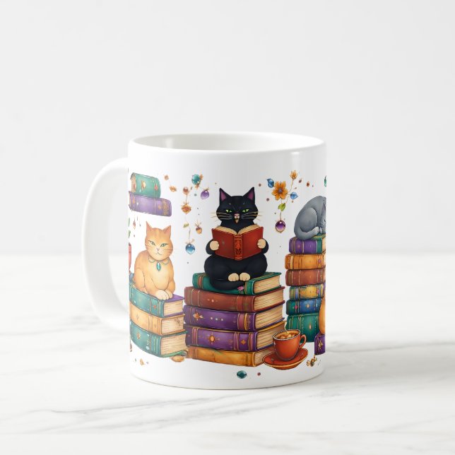 Cats Reading Books Cozy Library Scene Coffee Mug (Front Left)