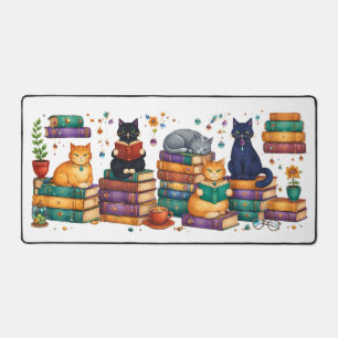 Cats Reading Books Cozy Library Scene Desk Mat