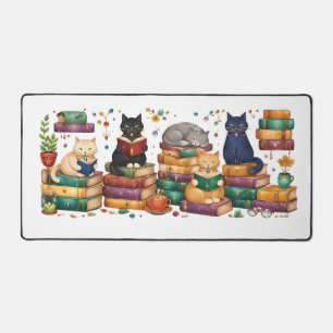 Cats Reading Books Cozy Library Scene Desk Mat