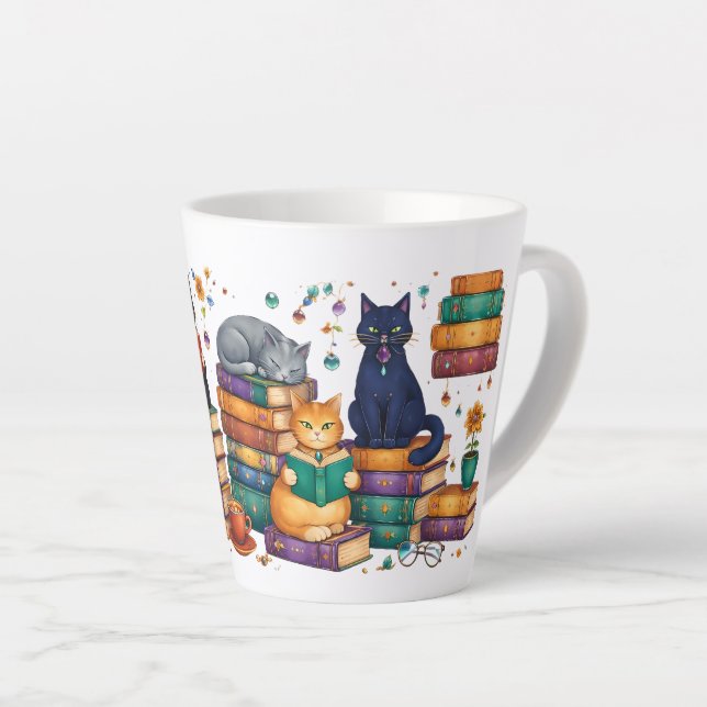 Cats Reading Books Cozy Library Scene Latte Mug (Right Angle)