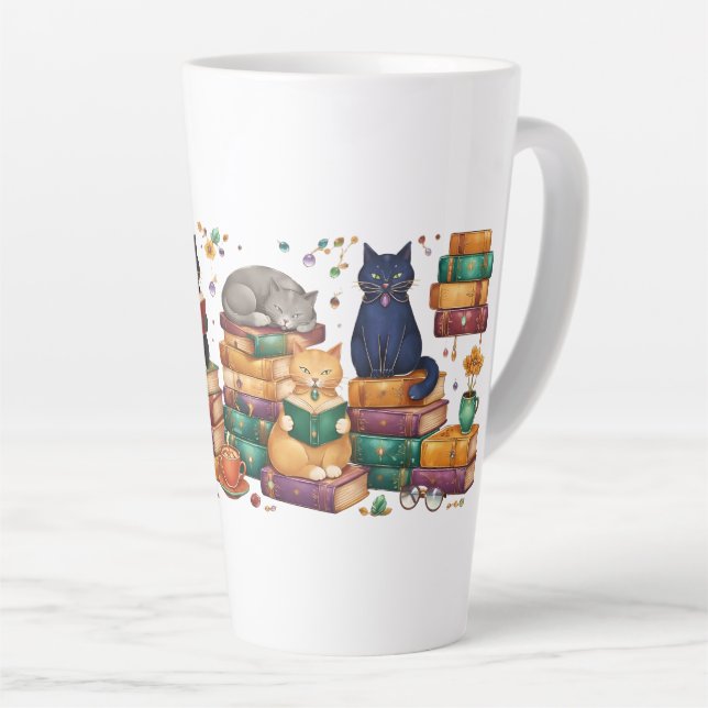 Cats Reading Books Cozy Library Scene Latte Mug (Right Angle)