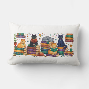 Cats Reading Books Cozy Library Scene Lumbar Pillow