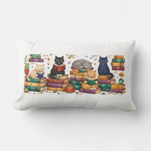 Cats Reading Books Cozy Library Scene Lumbar Pillow
