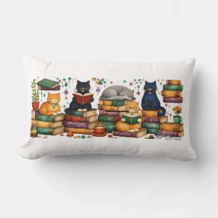 Cats Reading Books Cozy Library Scene Lumbar Pillow