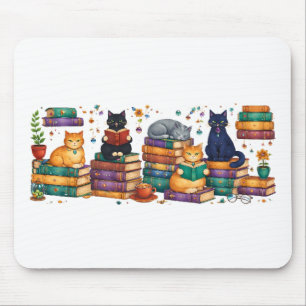 Cats Reading Books Cozy Library Scene Mouse Pad