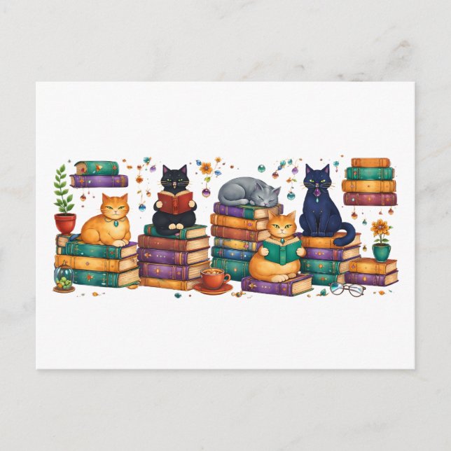 Cats Reading Books Cozy Library Scene Postcard (Front)