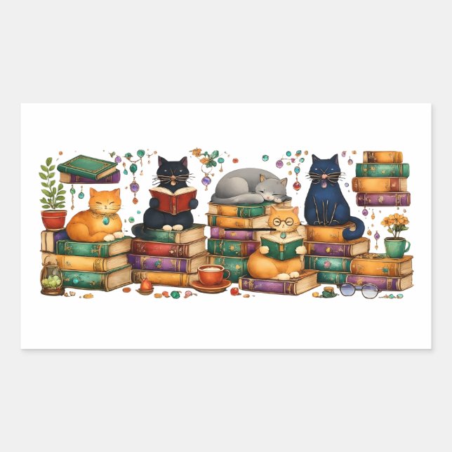 Cats Reading Books Cozy Library Scene Sticker (Front)