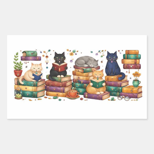 Cats Reading Books Cozy Library Scene Sticker (Front)