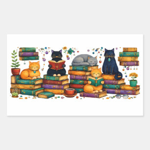 Cats Reading Books Cozy Library Scene Sticker