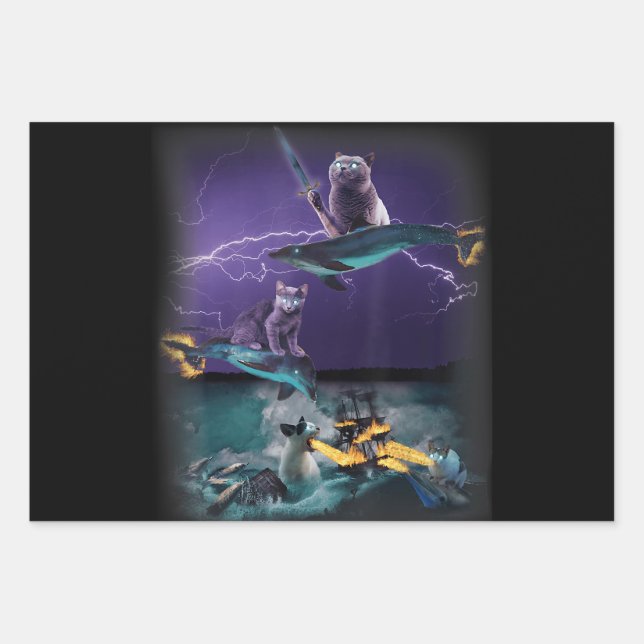 cats riding fire dolphins wreaking sea wrapping paper sheet (Front)
