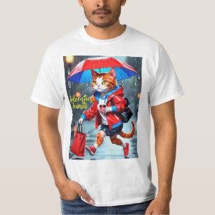 cats running in the rain with umbrellas t-shirt