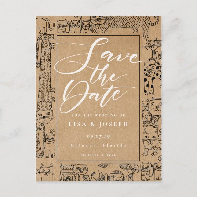 Cats Rustic Kraft Script Save the Date Postcard (Front)