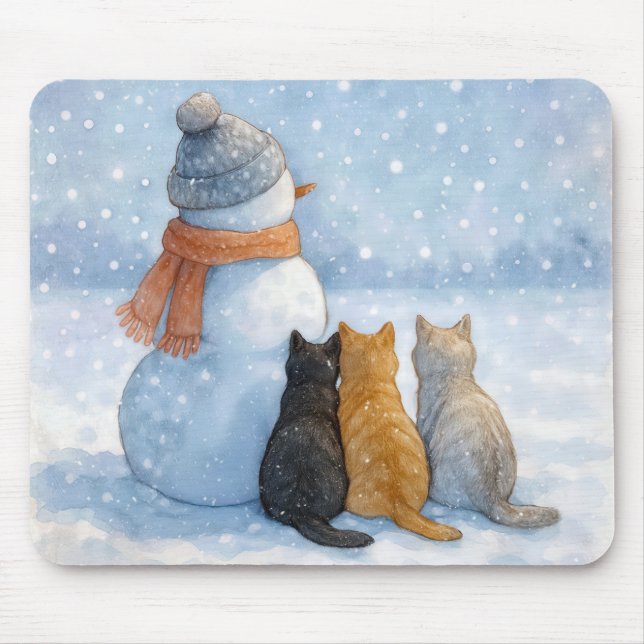 Cats Sitting With a Snowman In a Field Mouse Pad (Front)