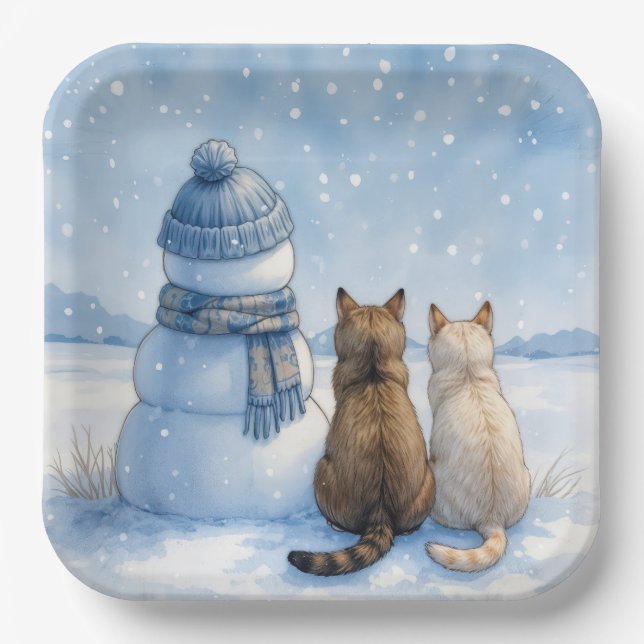 Cats Sitting With a Snowman In a Field Paper Plate (Front)