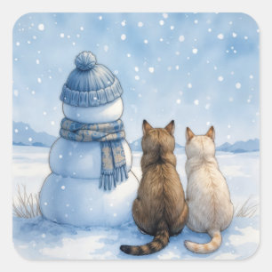 Cats Sitting With a Snowman In a Field Square Sticker