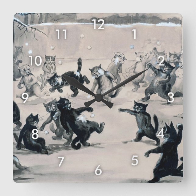 Cats Snowball Fight, Louis Wain Square Wall Clock (Front)