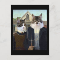 Cats spoof American Gothic postcard