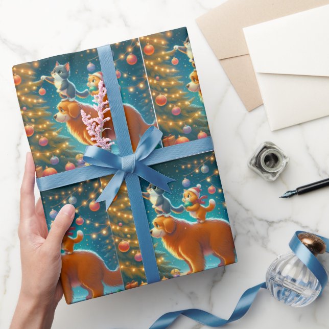 Cats Standing On Dog To Decorate Christmas Tree Wrapping Paper (Gifting)