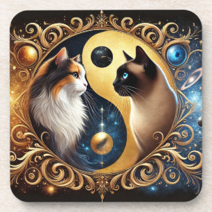 Cats Symbolizing Balance with a Yin Yang Coaster