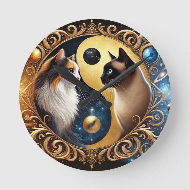 Cats Symbolizing Balance with a Yin Yang Round Clock (Front)