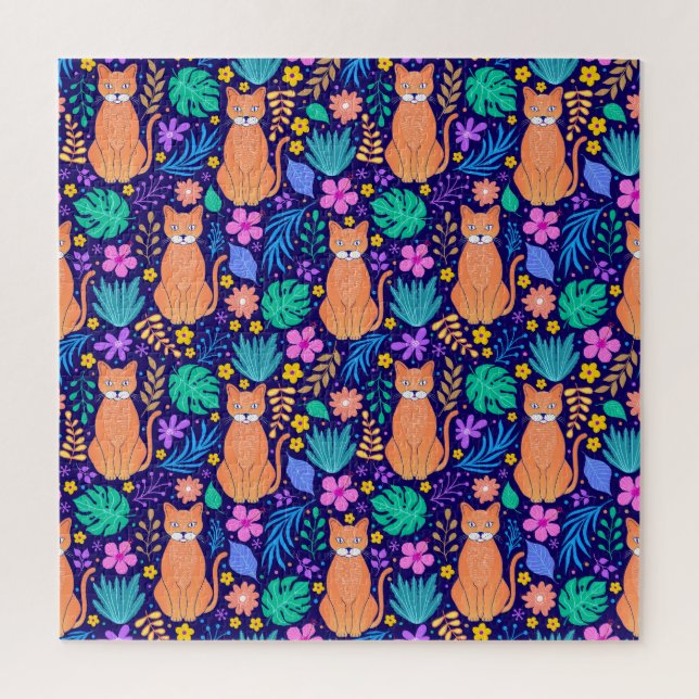Cats & Tropical Flowers: Dark Pattern Jigsaw Puzzle (Vertical)
