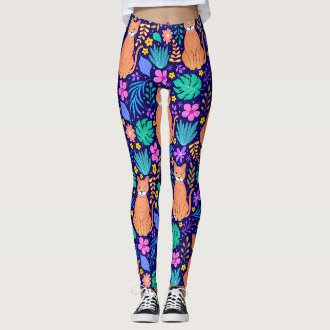 Cats & Tropical Flowers: Dark Pattern Leggings (Front)