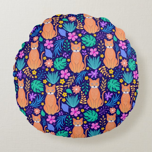 Cats & Tropical Flowers: Dark Pattern Round Pillow (Front)