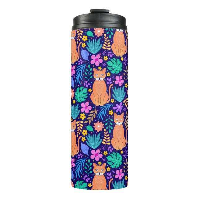 Cats & Tropical Flowers: Dark Pattern Thermal Tumbler (Front)