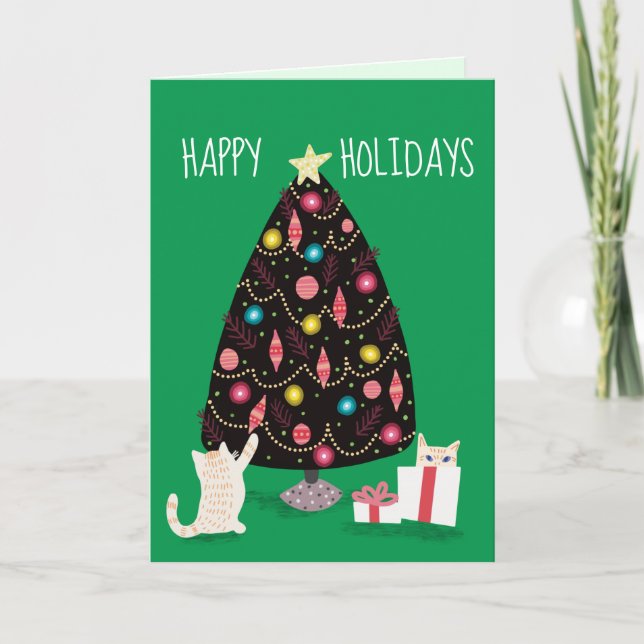 Cats Under the Christmas Tree-green Holiday Card (Front)
