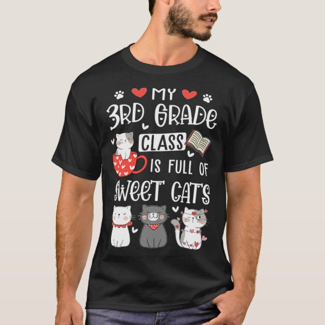 Cats Valentines Day Teacher 3rd Grade Teachers Cat T-Shirt (Front)