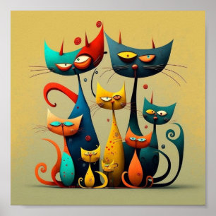 cats, vibrant, colourful, whimsical, stylized, pla poster