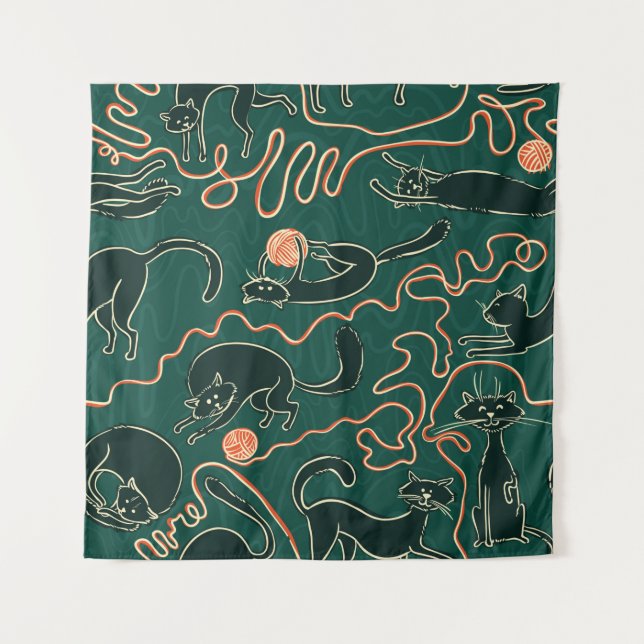 Cats vintage doodle seamless pattern tapestry (Front)