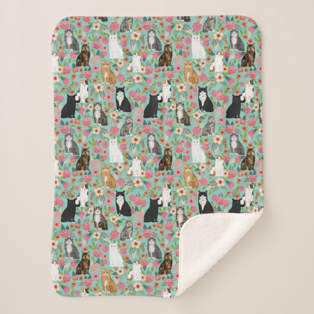 Cats vintage florals mint sherpa blanket (Front)