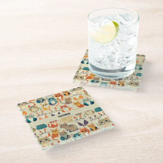 Cats Watercolor Custom Pattern Glass Coaster