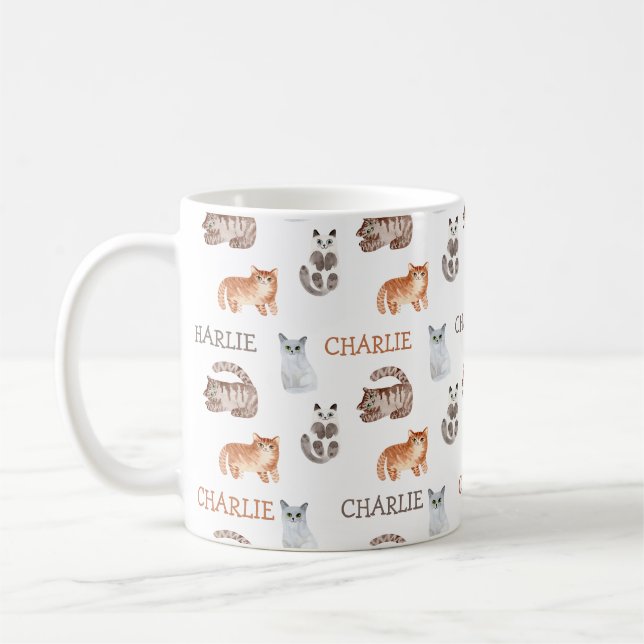 Cats Watercolor Kitten with Name Neutral Design Coffee Mug (Left)