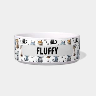 Cats With Grumpy Faces Paw Prints Pattern Name Bowl