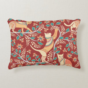 Cats with ornaments,branches with flowers and leav accent pillow