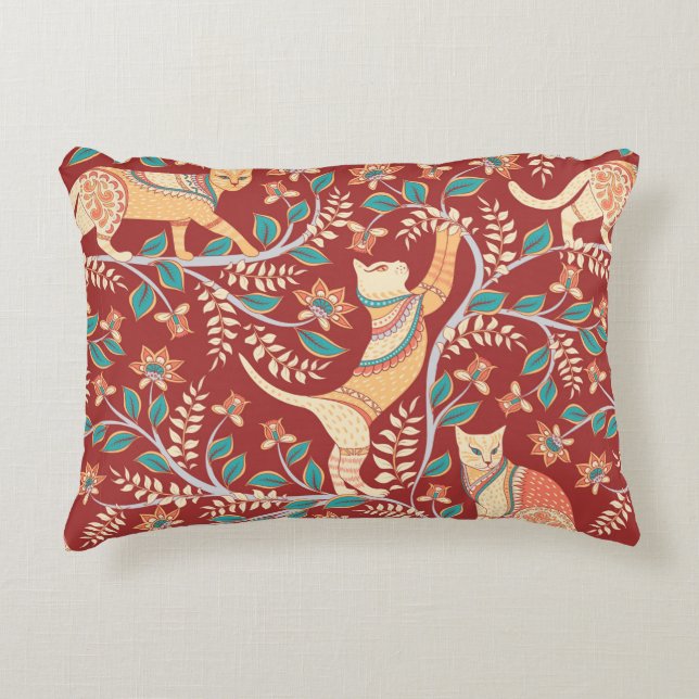 Cats with ornaments,branches with flowers and leav accent pillow (Front)