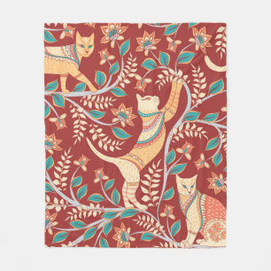 Cats with ornaments,branches with flowers and leav fleece blanket
