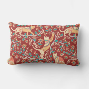 Cats with ornaments,branches with flowers and leav lumbar pillow