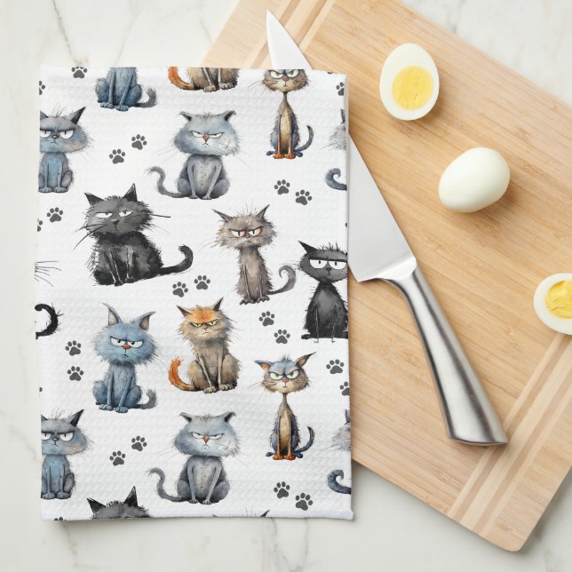 Cats With Scowling Faces and Paw Prints Pattern Kitchen Towel (Quarter Fold)