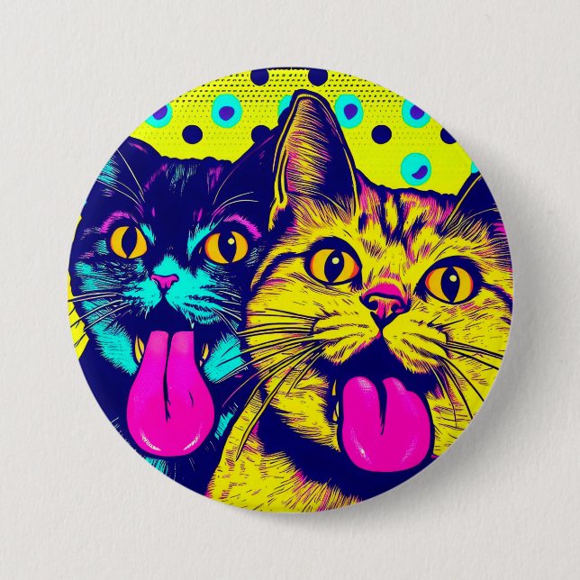 Cats with sticking out pop art 3 inch round button (Front)